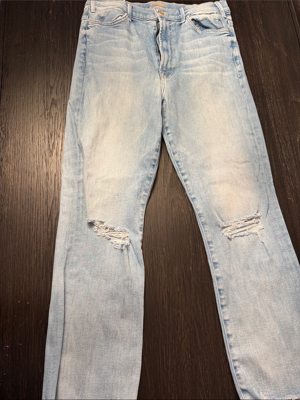 MOTHER Pale Blue Straight Leg Distressed Jeans